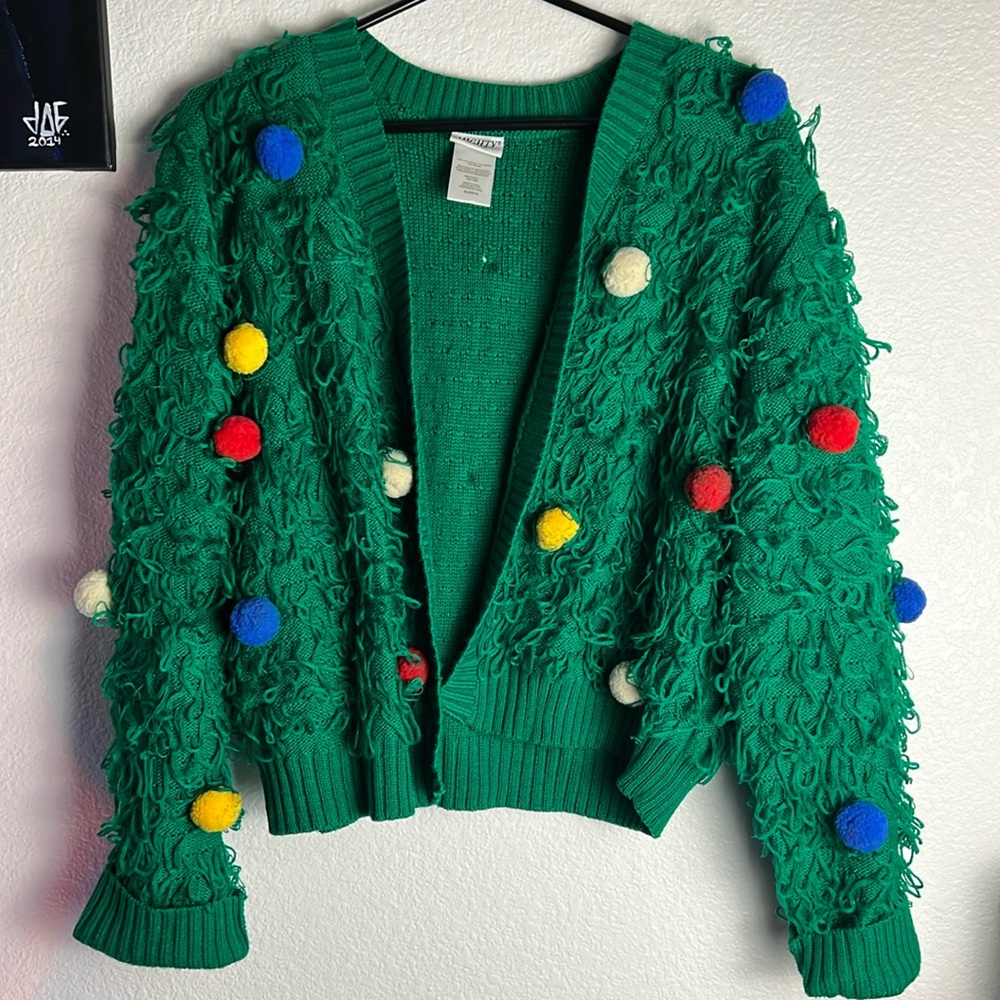 Mighty Fine Women’s Loop Poms Long Sleeve Ugly Christmas Sweater